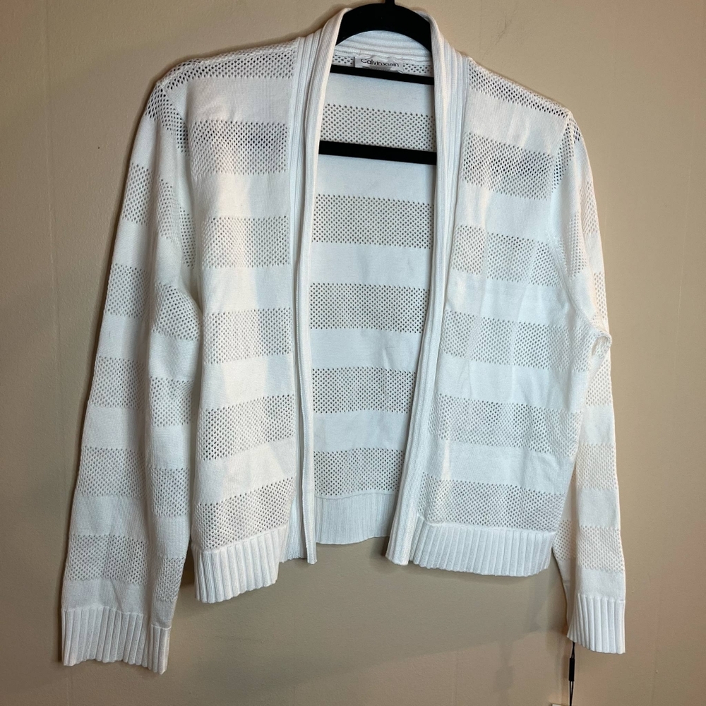 Calvin Klein Sheer Striped Cropped White Cardigan Top